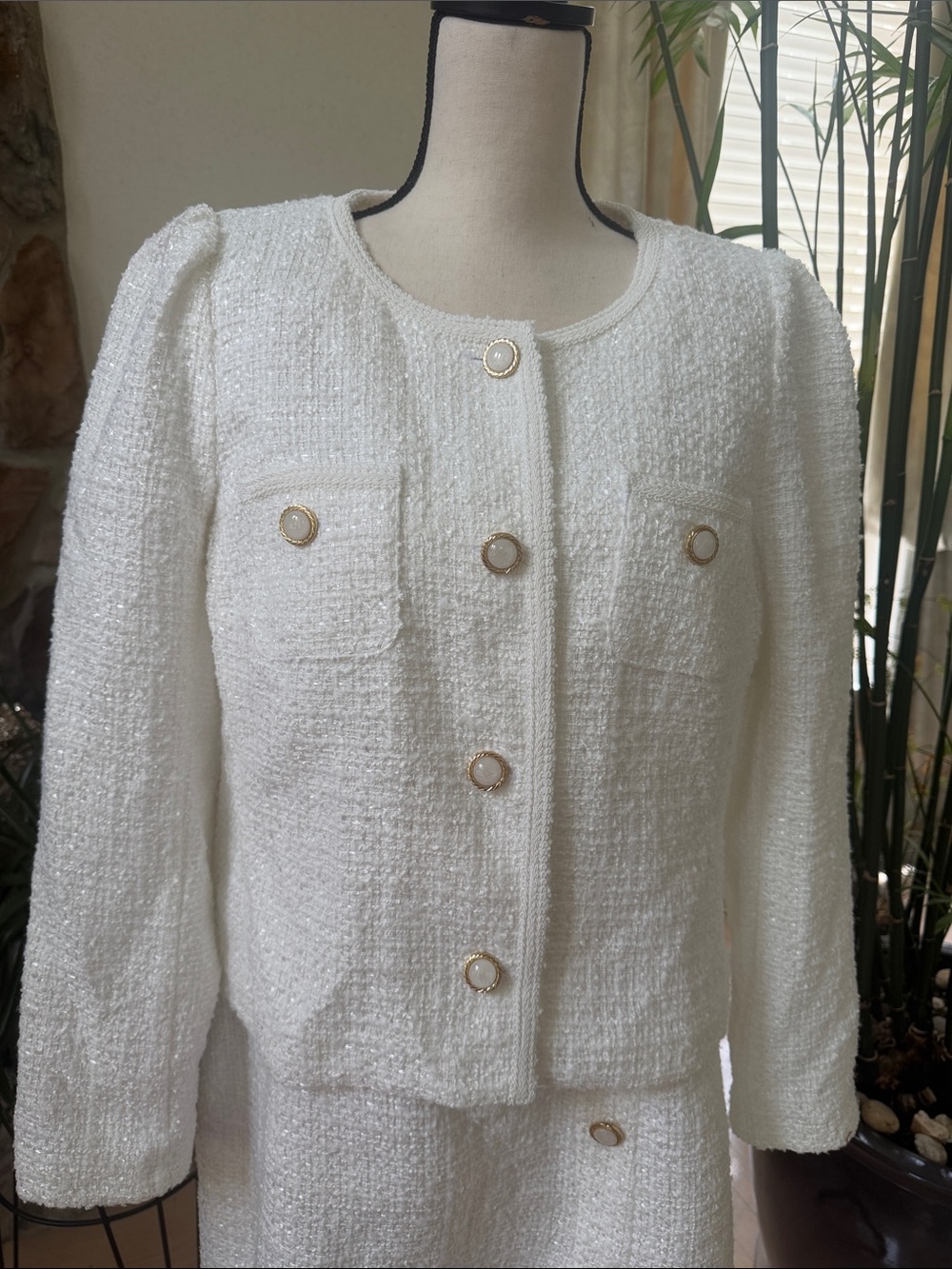 Lilly Pulitzer White Bouclé Jacket with Gold Buttons